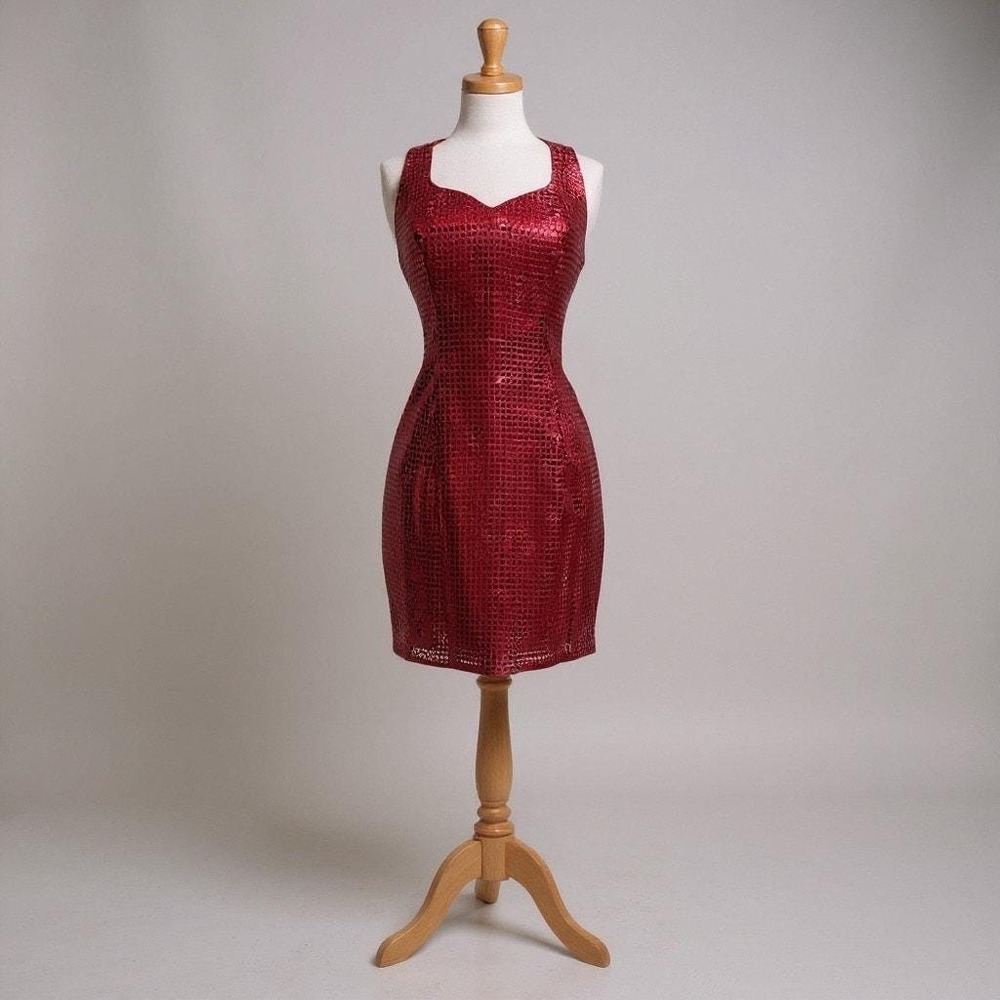 VTG Y2K Sequin Cocktail Mini Dress XS Red Metallic Sweetheart Racerback 90s Glam